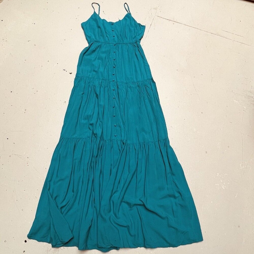 BB Dakota Vacation Beach Dress Sleeveless Tiered Maxi Womens Medium Blue Boho